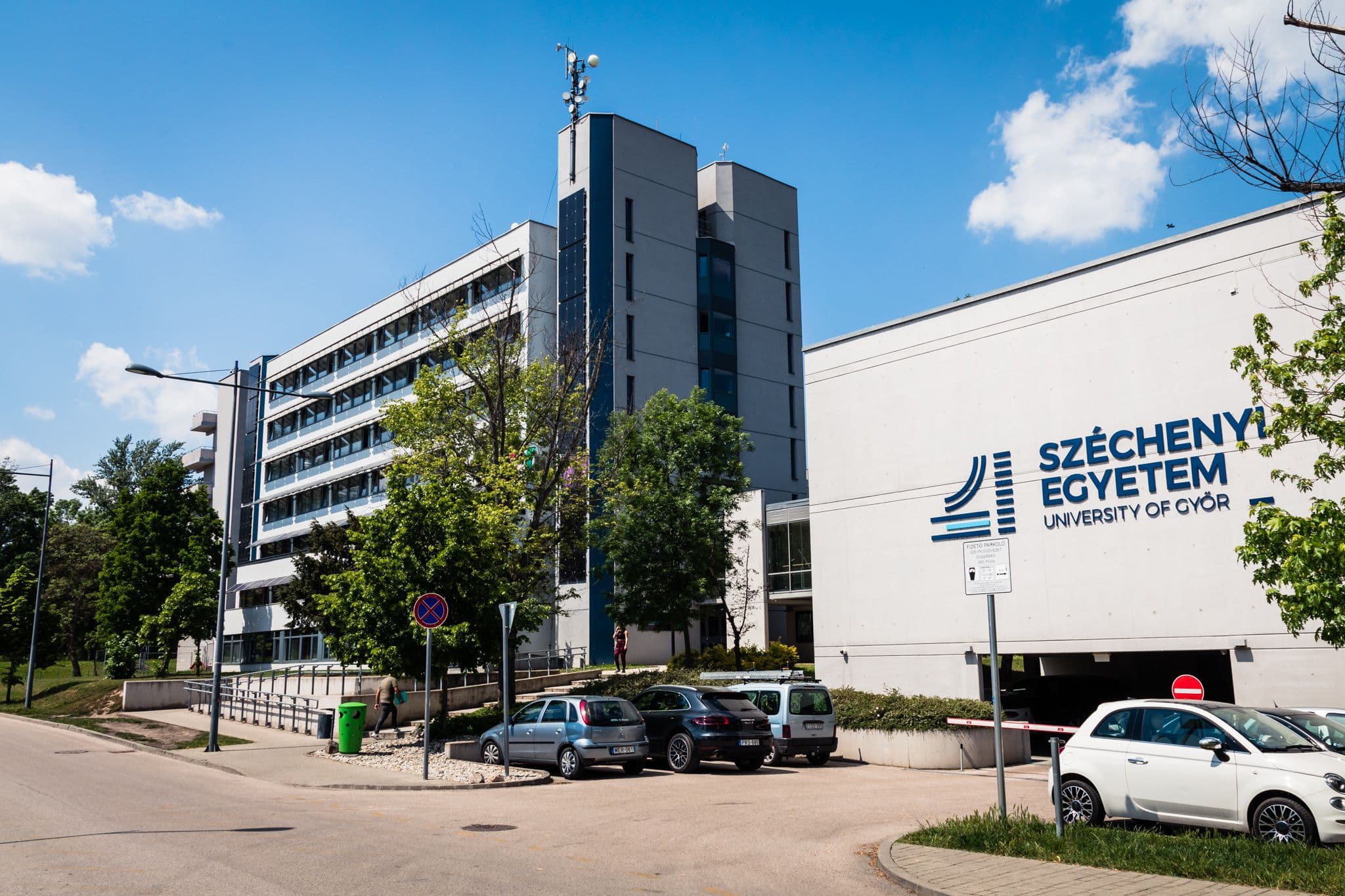The Széchenyi István University building with its entrance sign